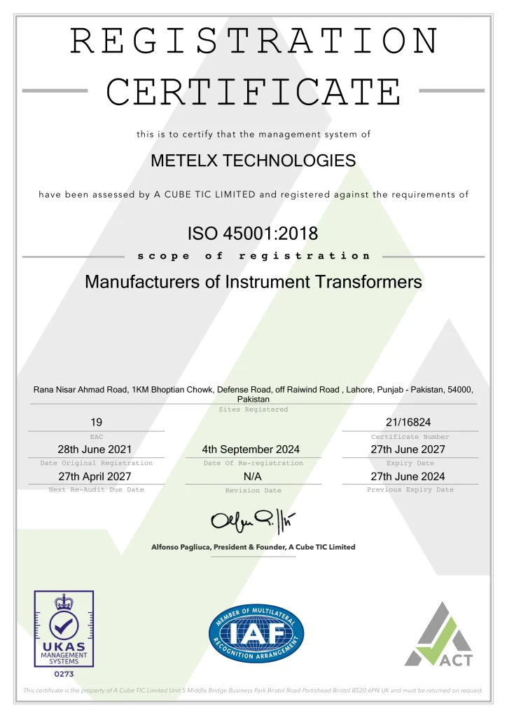 Manufacturers of Instrument Transformers Lahore ISO 45001:2018